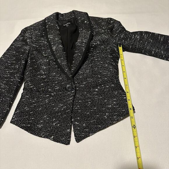 Bebe Tweed Blazer Jacket Sz 00 Black With White Specks 3/4 Sleeve Contrast Trim - Picture 3 of 12